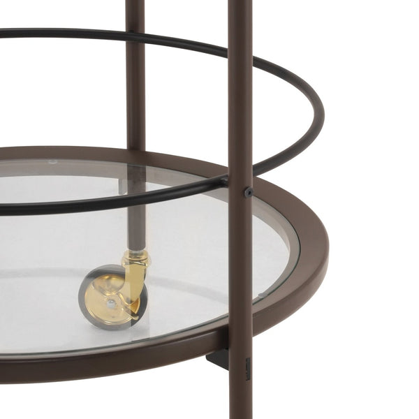 English Elm Modern Round Bar Cart with Tempered Glass Tiers Gold Casters and Coffee Brown Frame N778P331016C