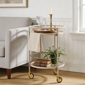 English Elm Round Two Tier Bar Cart with Tempered Glass Shelves Gold Hardware Distressed White N778P331016W
