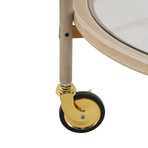 English Elm Round Two Tier Bar Cart with Tempered Glass Shelves Gold Hardware Distressed White N778P331016W