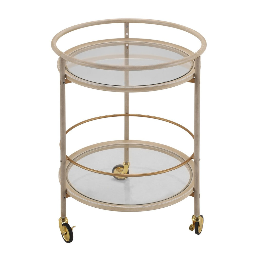 English Elm Round Two Tier Bar Cart with Tempered Glass Shelves Gold Hardware Distressed White N778P331016W
