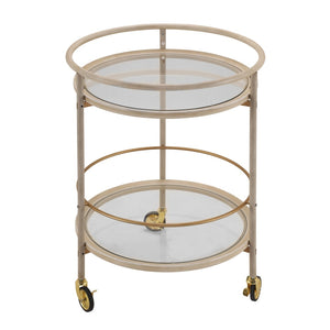English Elm Round Two Tier Bar Cart with Tempered Glass Shelves Gold Hardware Distressed White N778P331016W