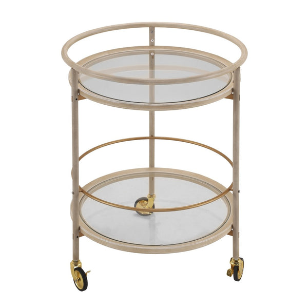 English Elm Round Two Tier Bar Cart with Tempered Glass Shelves Gold Hardware Distressed White N778P331016W