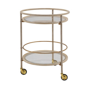 English Elm Round Two Tier Bar Cart with Tempered Glass Shelves Gold Hardware Distressed White N778P331016W