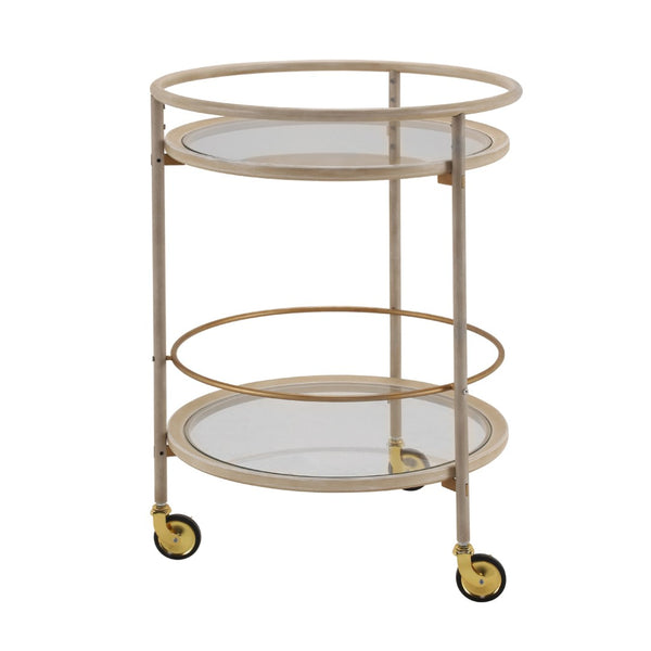 English Elm Round Two Tier Bar Cart with Tempered Glass Shelves Gold Hardware Distressed White N778P331016W