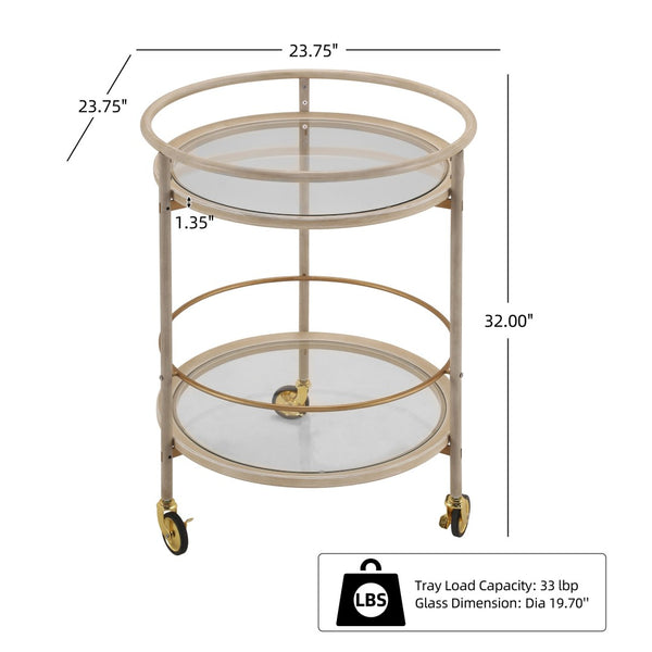 English Elm Round Two Tier Bar Cart with Tempered Glass Shelves Gold Hardware Distressed White N778P331016W