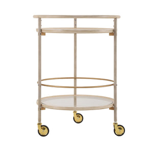 English Elm Round Two Tier Bar Cart with Tempered Glass Shelves Gold Hardware Distressed White N778P331016W