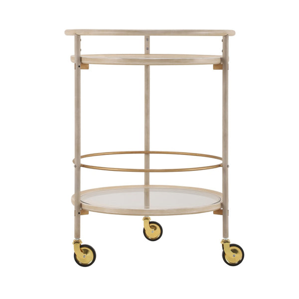 English Elm Round Two Tier Bar Cart with Tempered Glass Shelves Gold Hardware Distressed White N778P331016W