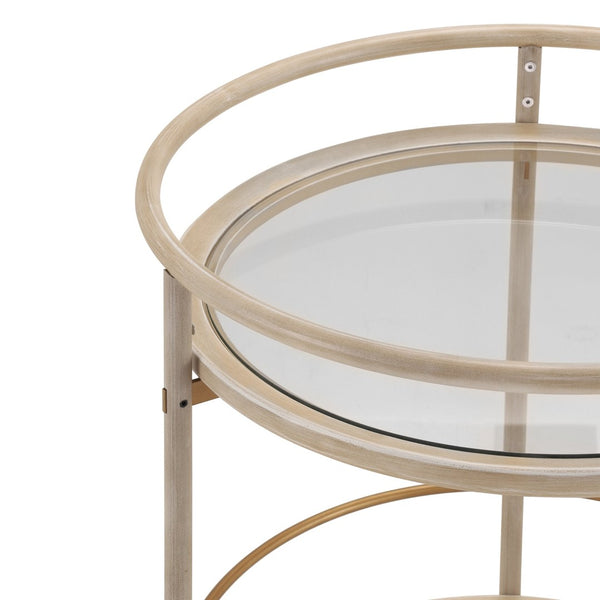English Elm Round Two Tier Bar Cart with Tempered Glass Shelves Gold Hardware Distressed White N778P331016W