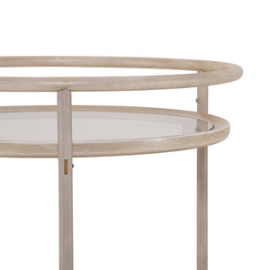 English Elm Round Two Tier Bar Cart with Tempered Glass Shelves Gold Hardware Distressed White N778P331016W