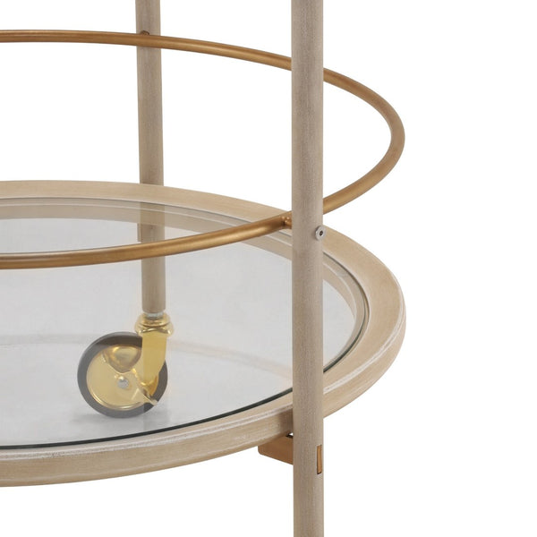 English Elm Round Two Tier Bar Cart with Tempered Glass Shelves Gold Hardware Distressed White N778P331016W