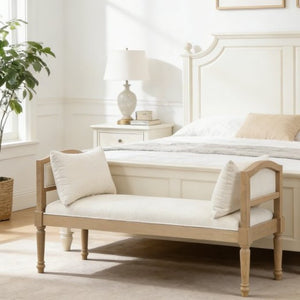 English Elm Upholstered Farmhouse Bench with Ash Wood Turned Legs and Matching Side Cushions Beige N778P340428B