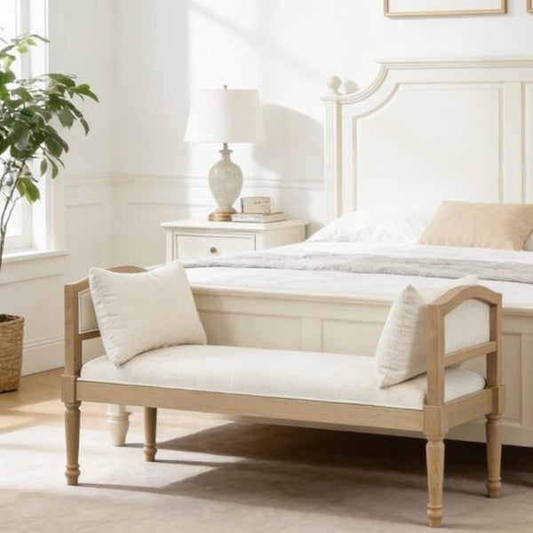 English Elm Upholstered Farmhouse Bench with Ash Wood Turned Legs and Matching Side Cushions Beige N778P340428B