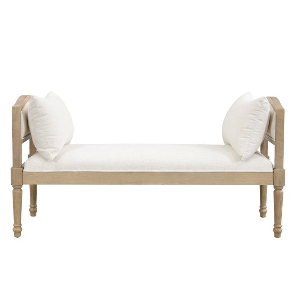English Elm Upholstered Farmhouse Bench with Ash Wood Turned Legs and Matching Side Cushions Beige N778P340428B
