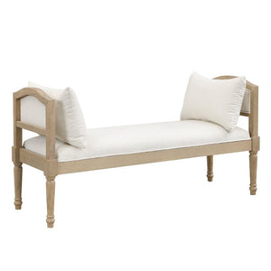 English Elm Upholstered Farmhouse Bench with Ash Wood Turned Legs and Matching Side Cushions Beige N778P340428B