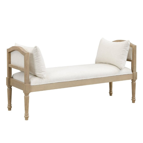 English Elm Upholstered Farmhouse Bench with Ash Wood Turned Legs and Matching Side Cushions Beige N778P340428B