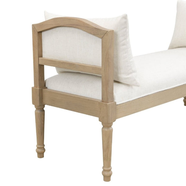 English Elm Upholstered Farmhouse Bench with Ash Wood Turned Legs and Matching Side Cushions Beige N778P340428B