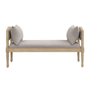 English Elm Upholstered Farmhouse Bench with Ash Wood Turned Legs and Matching Side Cushions Greige N778P340428G