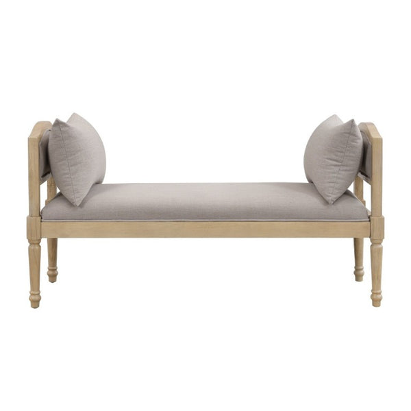 English Elm Upholstered Farmhouse Bench with Ash Wood Turned Legs and Matching Side Cushions Greige N778P340428G