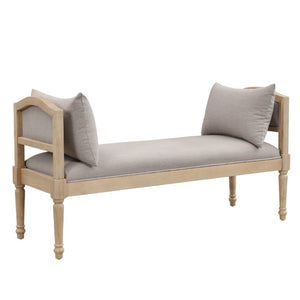 English Elm Upholstered Farmhouse Bench with Ash Wood Turned Legs and Matching Side Cushions Greige N778P340428G