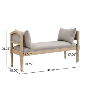 English Elm Upholstered Farmhouse Bench with Ash Wood Turned Legs and Matching Side Cushions Greige N778P340428G