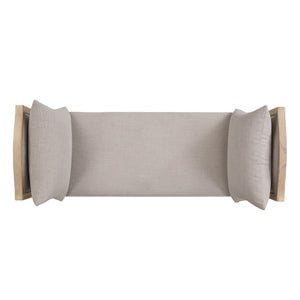English Elm Upholstered Farmhouse Bench with Ash Wood Turned Legs and Matching Side Cushions Greige N778P340428G