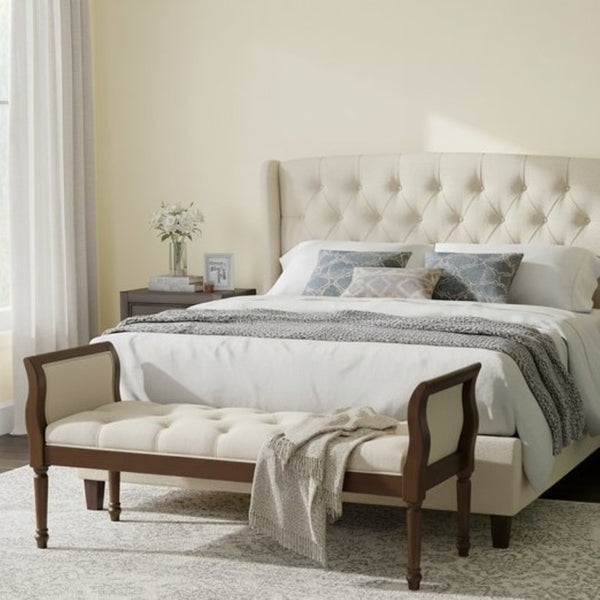 English Elm Classic Button Tufted Bench with Curved Arms Walnut Frame Beige Parlor Seat Beige / Walnut N778P340436B