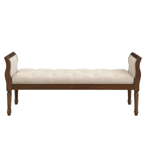English Elm Classic Button Tufted Bench with Curved Arms Walnut Frame Beige Parlor Seat Beige / Walnut N778P340436B