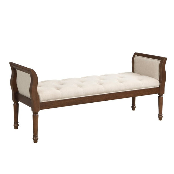 English Elm Classic Button Tufted Bench with Curved Arms Walnut Frame Beige Parlor Seat Beige / Walnut N778P340436B