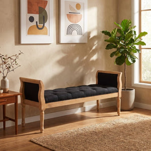 English Elm Classic Button Tufted Bench with Curved Arms Walnut Frame Beige Parlor Seat Charcoal Grey / Natural N778P340436G