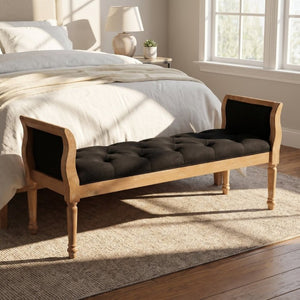 English Elm Classic Button Tufted Bench with Curved Arms Walnut Frame Beige Parlor Seat Charcoal Grey / Natural N778P340436G