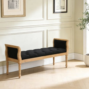 English Elm Classic Button Tufted Bench with Curved Arms Walnut Frame Beige Parlor Seat Charcoal Grey / Natural N778P340436G