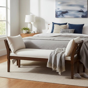 English Elm Solid Wood Farmhouse Bench with Cross Back Frame Padded Seat and Accent Pillows N778P340441B