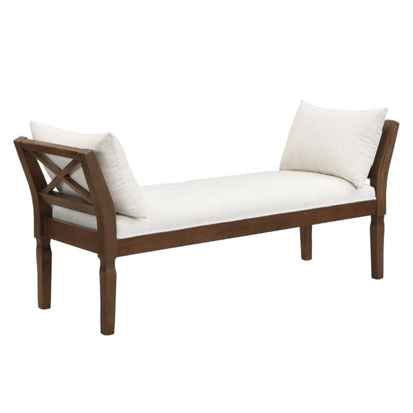 English Elm Solid Wood Farmhouse Bench with Cross Back Frame Padded Seat and Accent Pillows N778P340441B