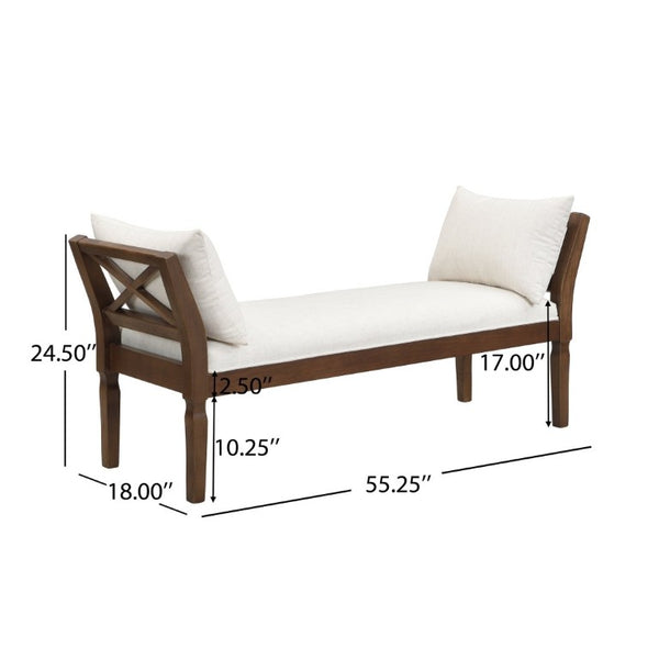 English Elm Solid Wood Farmhouse Bench with Cross Back Frame Padded Seat and Accent Pillows N778P340441B