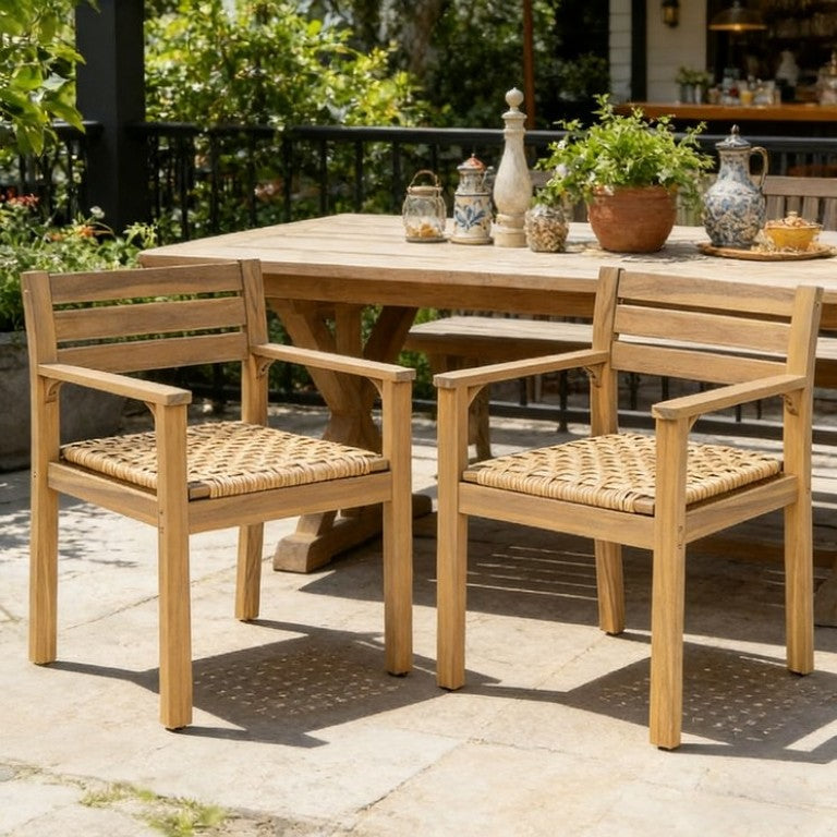 English Elm Set of 2 Solid Acacia Outdoor Armchairs with Hand-Woven Seats for Patio Dining N778P342916L