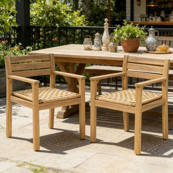 English Elm Set of 2 Solid Acacia Outdoor Armchairs with Hand-Woven Seats for Patio Dining N778P342916L