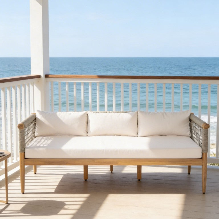 English Elm Outdoor Acacia Wood Three Seat Sofa with Handwoven Rope Arms for Patio Lounging N778P343426L