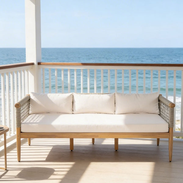 English Elm Outdoor Acacia Wood Three Seat Sofa with Handwoven Rope Arms for Patio Lounging N778P343426L