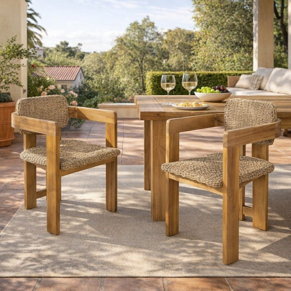 English Elm Outdoor Rattan Dining Arm Chairs with Cushions Set of 2 Acacia Aluminum Patio Light Brown, Teak 20.87 L x 22.05 W x 29.92 H N778P348862T
