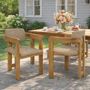 English Elm Outdoor Rattan Dining Arm Chairs with Cushions Set of 2 Acacia Aluminum Patio Light Brown, Teak 20.87 L x 22.05 W x 29.92 H N778P348862T