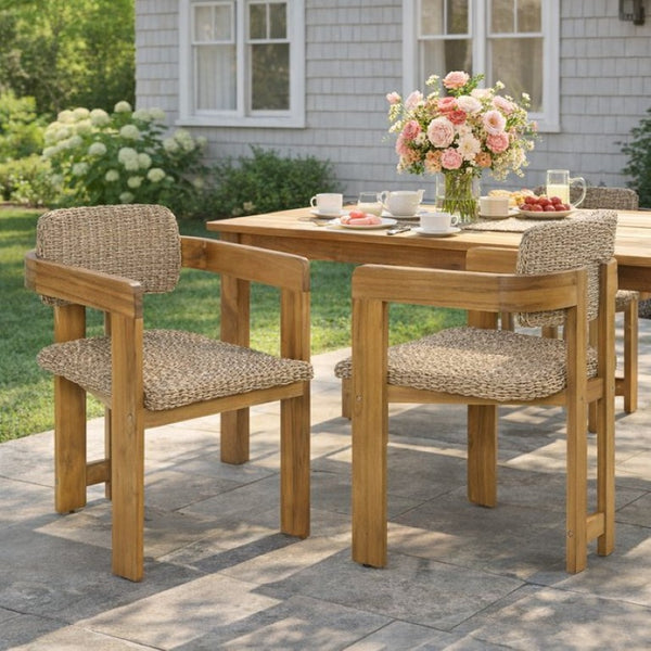 English Elm Outdoor Rattan Dining Arm Chairs with Cushions Set of 2 Acacia Aluminum Patio Light Brown, Teak 20.87 L x 22.05 W x 29.92 H N778P348862T