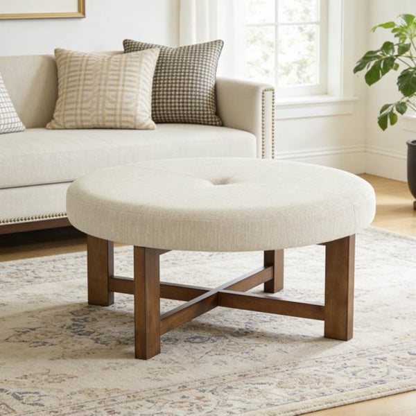 English Elm Beige Tufted Round Ottoman Solid Wood Cross Base Living Room Coffee Table Footrest N778P369757B