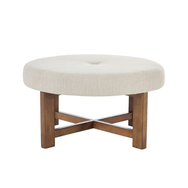 English Elm Beige Tufted Round Ottoman Solid Wood Cross Base Living Room Coffee Table Footrest N778P369757B