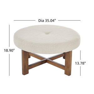 English Elm Beige Tufted Round Ottoman Solid Wood Cross Base Living Room Coffee Table Footrest N778P369757B