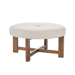 English Elm Beige Tufted Round Ottoman Solid Wood Cross Base Living Room Coffee Table Footrest N778P369757B