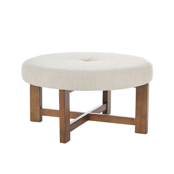 English Elm Beige Tufted Round Ottoman Solid Wood Cross Base Living Room Coffee Table Footrest N778P369757B