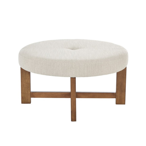 English Elm Beige Tufted Round Ottoman Solid Wood Cross Base Living Room Coffee Table Footrest N778P369757B