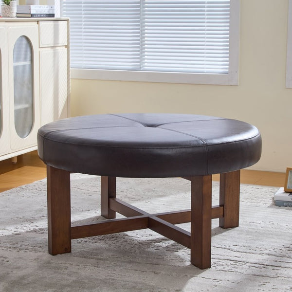 English Elm Round Tufted Faux Leather Ottoman with Walnut Cross Leg Base for Living Room N778P369757D