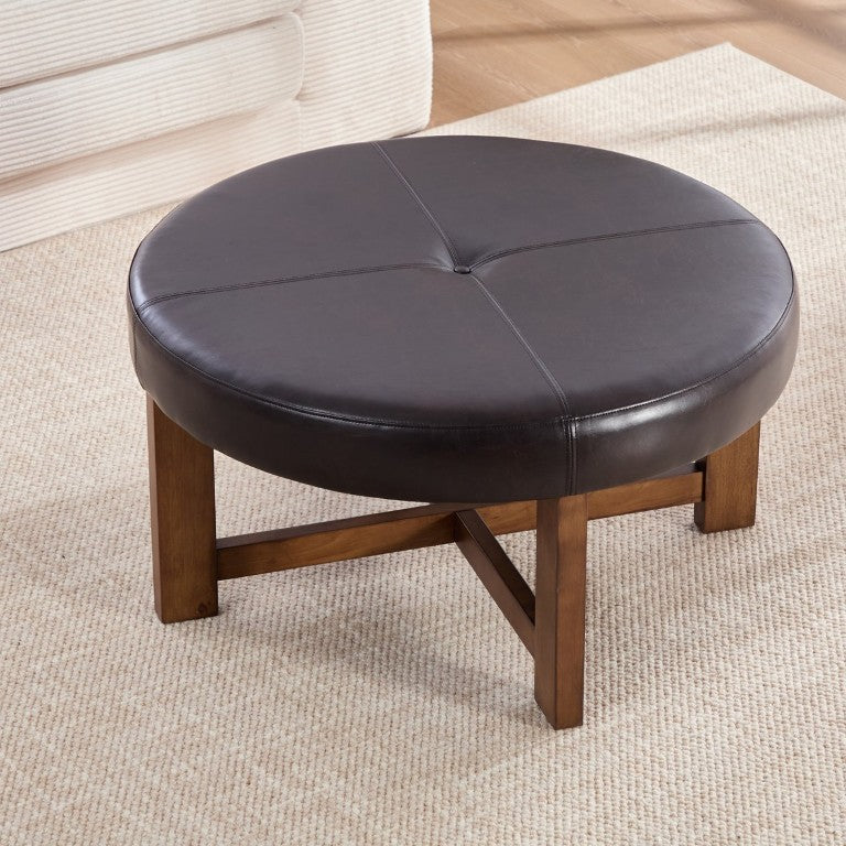 English Elm Round Tufted Faux Leather Ottoman with Walnut Cross Leg Base for Living Room N778P369757D