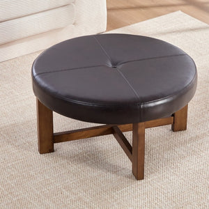 English Elm Round Tufted Faux Leather Ottoman with Walnut Cross Leg Base for Living Room N778P369757D